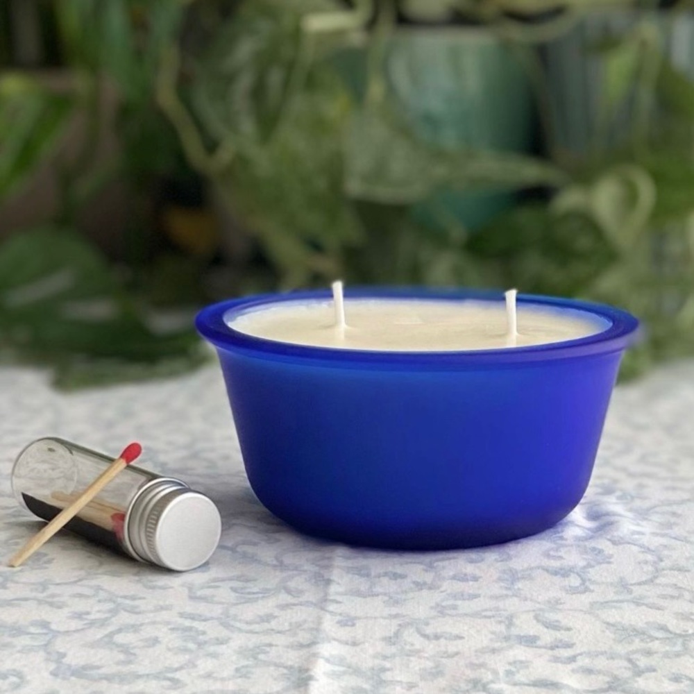 Anchor Hocking Frosted Cobalt Blue Dish Hand Poured Soy Candle